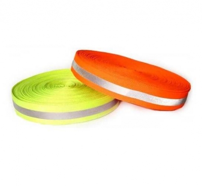 Cinta Reflectiva Para Coser De Tela Naranja C/Reflectivo Gris En El Medio 2,5Cm X 50 Mt.