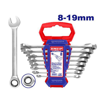 Set 8 Pzs Llaves Combinadas Con Criquet Industrial 8-19Mm Emtop Ecss10802