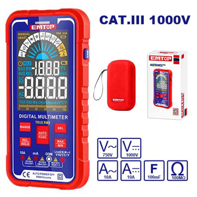 Multimetro Digital Cat Iii 1000V Rms 10000 Pantalla Va Color Emtop Edmr175015