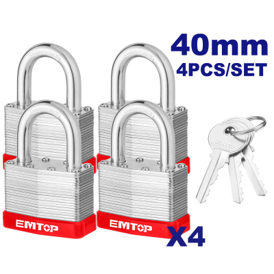 Set 4 Candado Laminado 40Mm Igual Combinacion Cil Bce 4 Llaves Emtop Epdkl4402