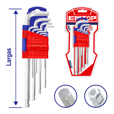 Juego De Llaves Allen Largas Ball Point Industrial Cr-V 9Pzs 1,5-10Mm Emtop Ehky2091