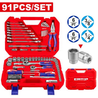 Juego De Herramientas 91 Pzs Enc 3/8 Y 1/4 Pulg Emtop Ehts00911
