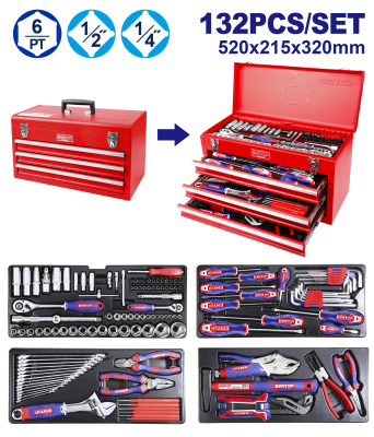 Juego De Herramientas 132 Pz En Caja Gabinete 3 Cajones Industrial Emtop Ehts01321