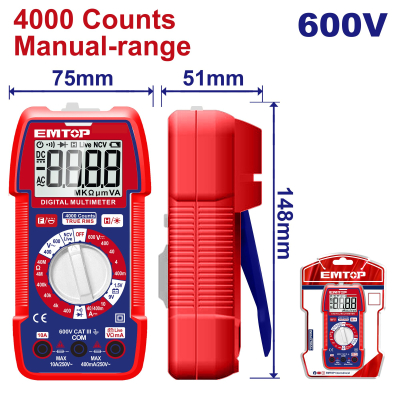 Multimetro Digital 4000 Count Dc/Ac 600V Industrial Emtop Edmr536002