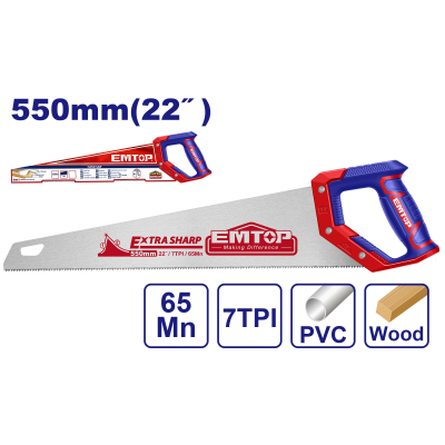 Serrucho Carpintero Industrial 550Mm 7Tpi Triple Afilado Emtop Ehas5502