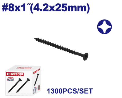 Tornillo Autoperf Madera/Aglom Negro 8X1 4,2X25Mm Emtop Emxso524 Min 1300Uni