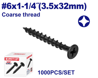 Tornillo Autoperf Drywall Negro 6X1-1/4 3,5X32Mm Emtop Emxs1513 Min 1000Uni