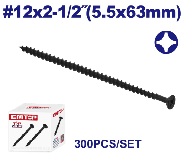 Tornillo Autoperf Madera/Aglom Negro 12X2-1/2 5,5X63Mm Emtop Emxso548 Min 300Uni