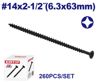 Tornillo Autoperf Madera/Aglom Negro 14X2-1/2 6,3X63Mm  Emtop Emxso558 Min 260Uni