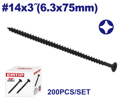 Tornillo Autoperf Madera/Aglom Negro 14X3 6,3X75Mm Emtop Emxso559 Min 200Uni