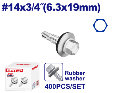 Tornillo Autoperf Cab Hex Mecha Ar Caucho 14X3/4 6,3X19Mm Emtop Emxs4511 Min 400Uni