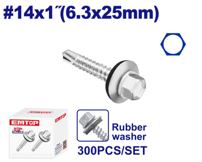 Tornillo Autoperf Cab Hex Mecha Ar Caucho 14X1 6,3X25Mm Emtop Emxs4512 Min 300Uni