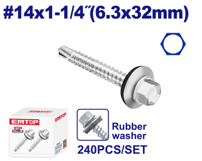 Tornillo Autoperf Cab Hex Mecha Ar Caucho 14X1-1/4 6,3X32Mm Emtop Emxs4513 Min 240Uni