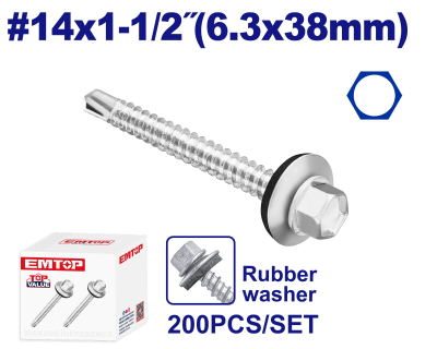 Tornillo Autoperf Cab Hex Mecha Ar Caucho 14X1-1/2 6,3X38Mm Emtop Emxs4514 Min 200Uni