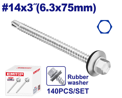 Tornillo Autoperf Cab Hex Mecha Ar Caucho 14X3 6,3X75Mm Emtop Emxs4517 Min 140Uni