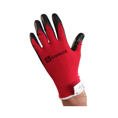 Par De Guante Poliester Rojo Con Bano De Nitrilo Negro Gamisol N1002