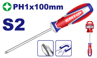 Destornillador Phillips Ph1 X 100Mm S2-Magnetic Industrial Emtop Esdph1100