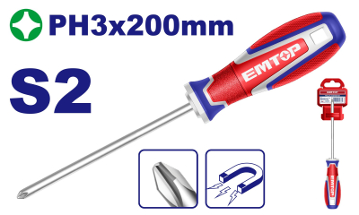 Destornillador Phillips Ph3 X 200Mm S2-Magnetic Industrial Emtop Esdph3200
