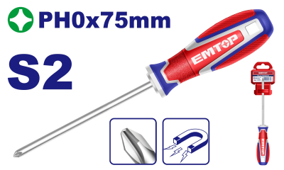 Destornillador Phillips Ph0 X 75Mm S2-Magnetic Industrial Emtop Esdph0075
