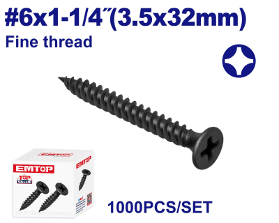Tornillo Autoperf Drywall R.fina Negro 6X1-1/4(3.5X32Mm) Emtop Emxs2513 Min 1000Uni