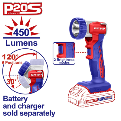 Linterna De Trabajo A Bateria  20V 450 Lumens Industrial Emtop Elwli2058