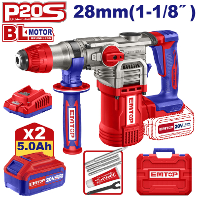 Martillo Sds Plus Bl 20V 28Mm 2 Bat 5Ah Y Carg 4,5J Emtop Elrh202885-4(*)