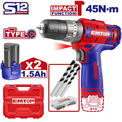 Taladro De Impacto 12V 45Nm 2 Bat Y Carg Emtop Ecidl12620