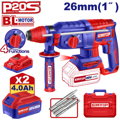 Martillo Sds-Plus 20V Bl 4 Fun 26Mm 2,5J 2Bat+Carg Emtop Elrh202682-4(*)