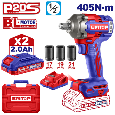 Llave De Impacto 20V 1/2 405Nm 2Bat+Carg Emtop Eciwl2045-4