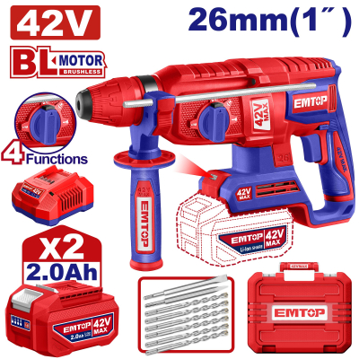Martillo Sds-Plus 42V 4F 26Mm 2,5J 2 Bat Y Carg Emtop Elrh422682-4(*)