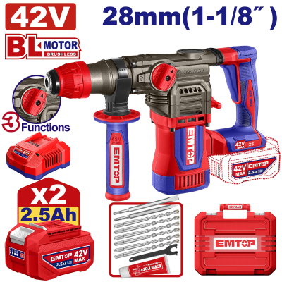 Martillo Sds-Plus 42V 3F 28Mm 4,5J 2 Bat-Carg Emtop Elrh422882-4(*)