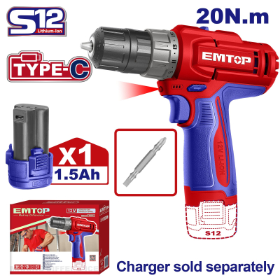 Taladro Atornillador 12V 10Mm 20Nm 15+1 1Bat Emtop Ecdl122061