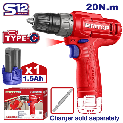 Taladro Ator 12V 20Nm 1Bat Usb Emtop Ecdl12456