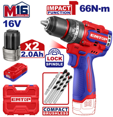 Taladro Impact.atorn. Bl 16V 66Nm 22+1+1 Cargador-2 Bat Emtop Ecidl166062