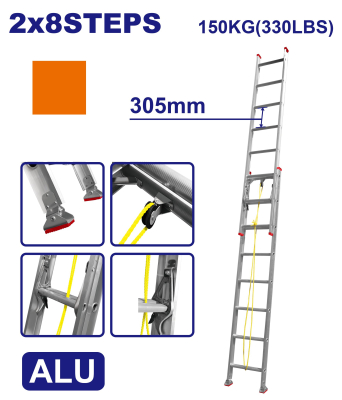 Escalera Extensible Aluminio 2X8 150K 2440-3965Mm Emtop Emld8H16