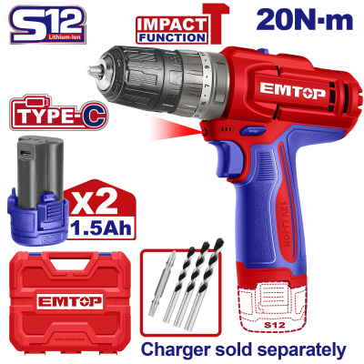 Taladro Ator Impacto 12V 10Mm 20Nm 18+1+1 2Bat+Carg Emtop Ecidl12206