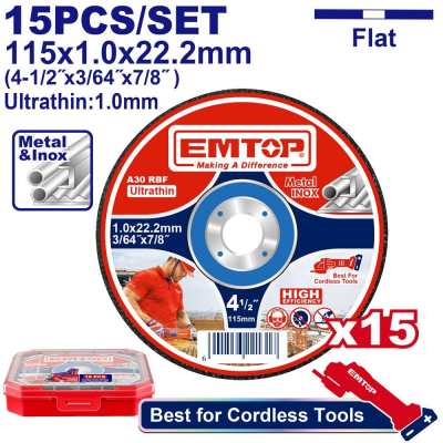 Disco De Corte 115X1Mm Metal/Inox Caja X 15 Un Emtop Eacd1015115
