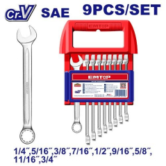 Set 9 Pzs Llaves Combinadas Industrial 1/4 A 3/4 Pulg Emtop Uecss110901