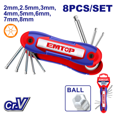 Juego De Llaves Allen Plegable Cuchilla Ball Point Cr-V 8Pzs 2-8Mm Emtop Ehky4082