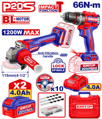 Combo Talad.imp.atornillador 66Nm + Amoladora 41/2 1200W Emtop Eckl20256-4