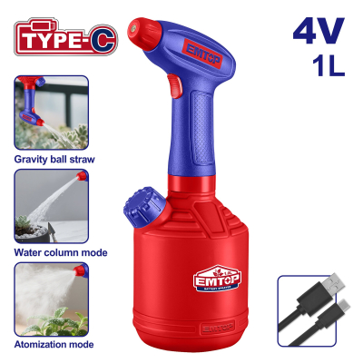 Pulverizador Roseador 1Lt A Bate 4V Usb Emtop Espp3701