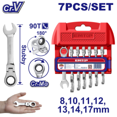 Set 7 Pzs Llave Combinada Corta Articulada Con Crique Emtop Ecss610701